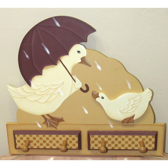 Decorative Wooden Duck Wall Hook Rack With Four Pegs & Umbrella Design - Picture 7 of 11